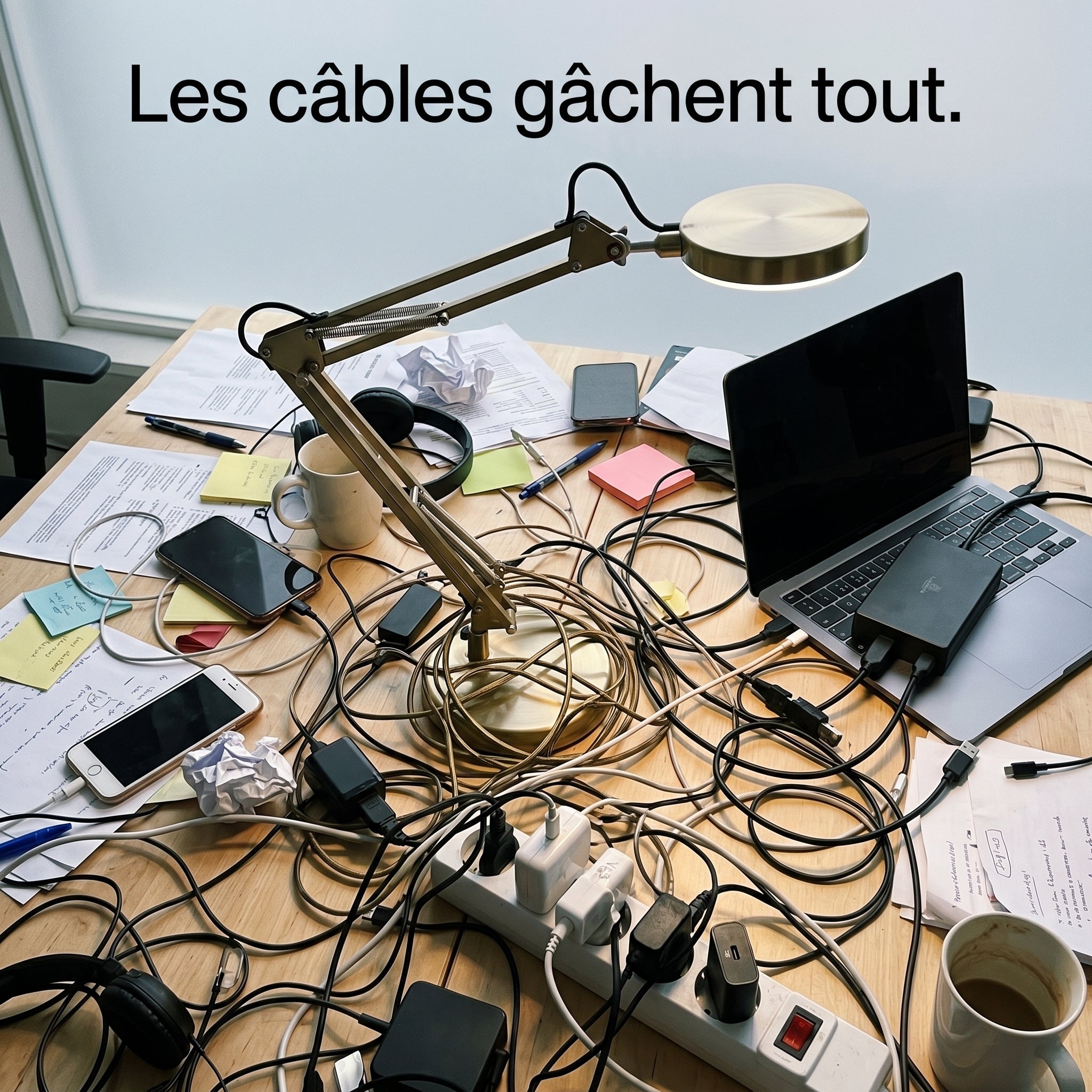 Bureau encombré de câbles avec lampe filaire classique illustrant le problème résolu par la lampe sans fil MycoLamp