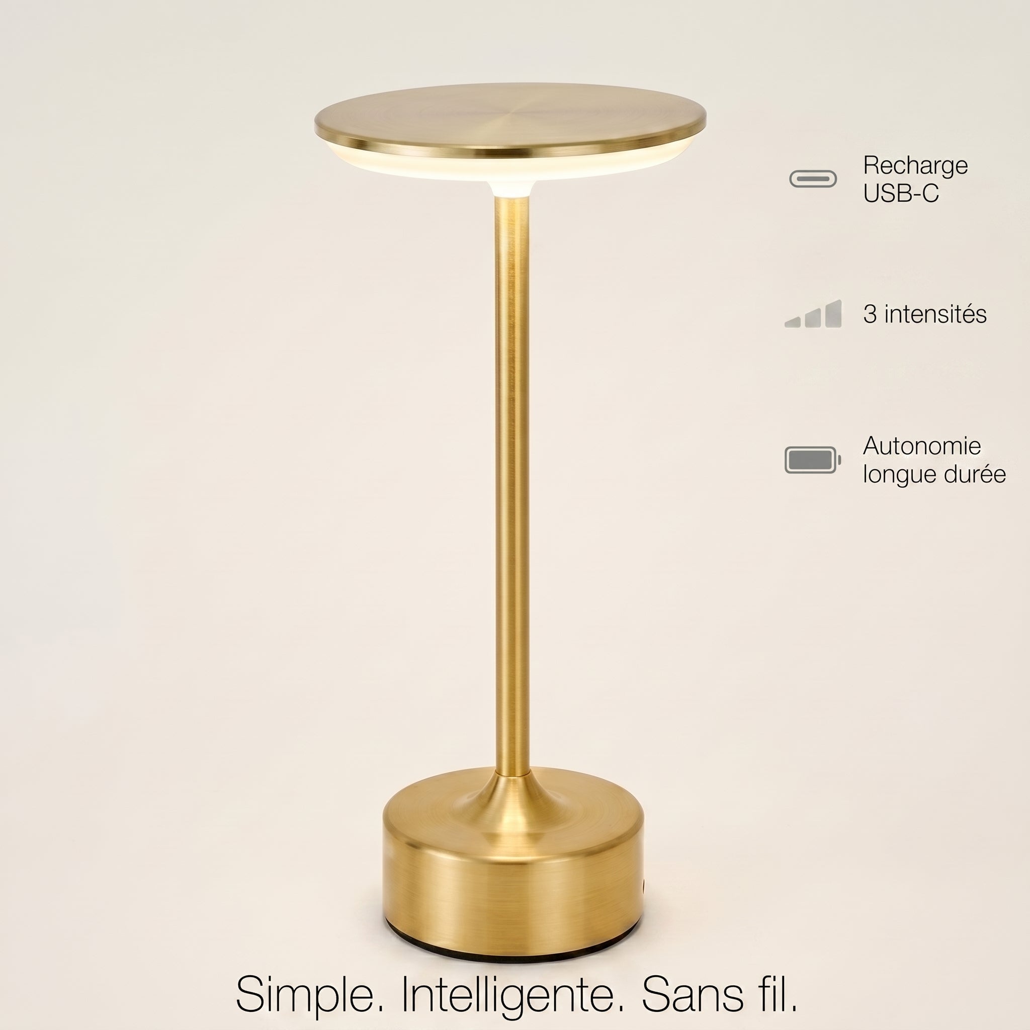 Lampe de bureau sans fil dorée MycoLamp avec recharge USB-C, 3 intensités lumineuses et autonomie longue durée