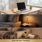 Lampe sans fil dorée MycoLamp utilisée sur bureau, table de chevet et table basse de salon