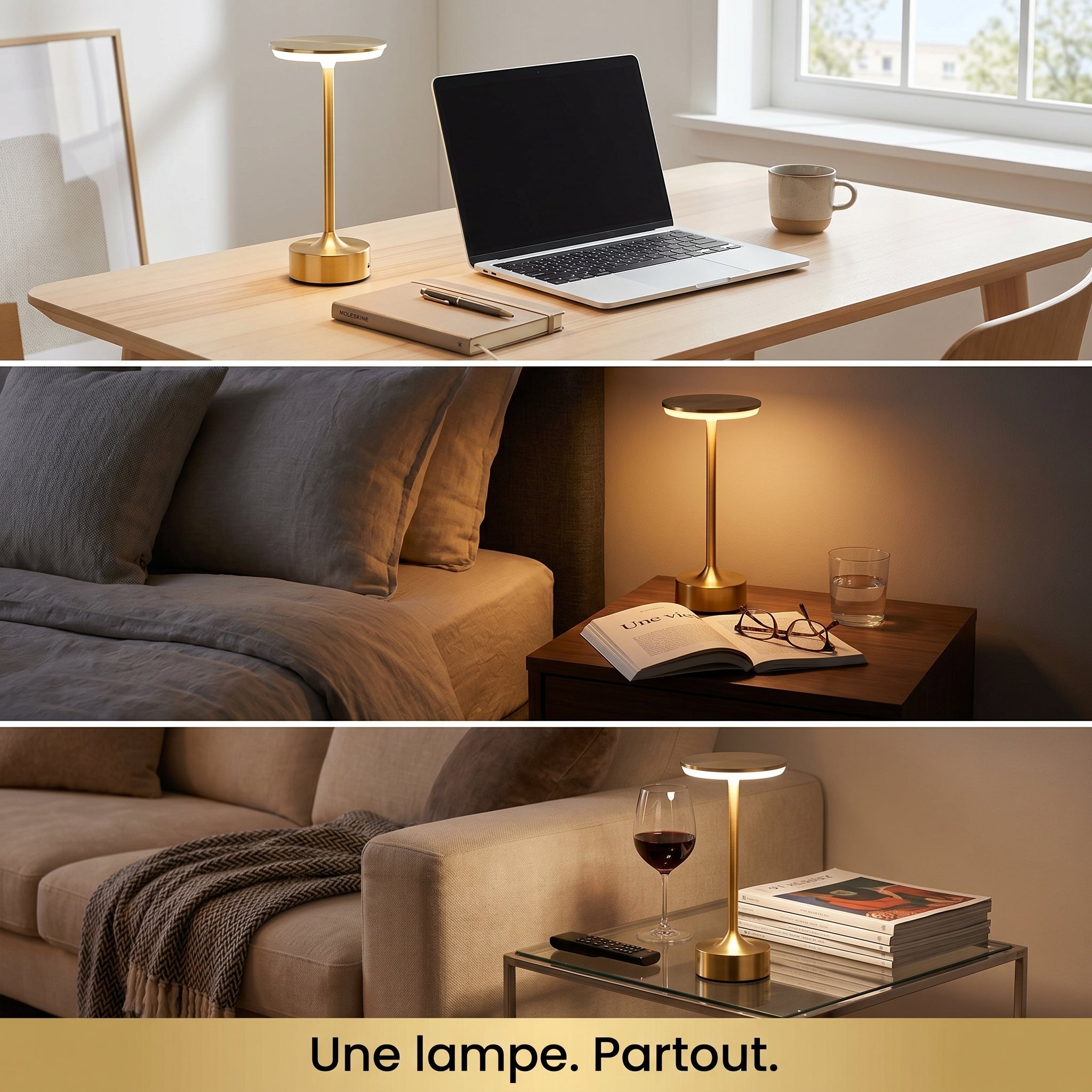 Lampe sans fil dorée MycoLamp utilisée sur bureau, table de chevet et table basse de salon