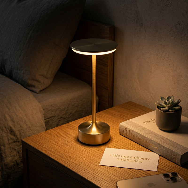 Lampe sans fil dorée MycoLamp posée sur table de chevet en bois dans une chambre cosy avec livre et plante
